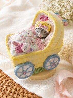 Adorable Vintage Baby Kitty In Musical Pram